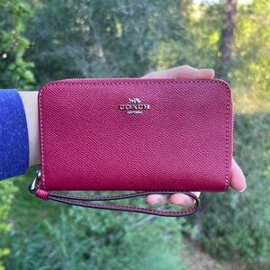 COACH Medium Wallet Red w Silver Hardware Wrist Strap Attached